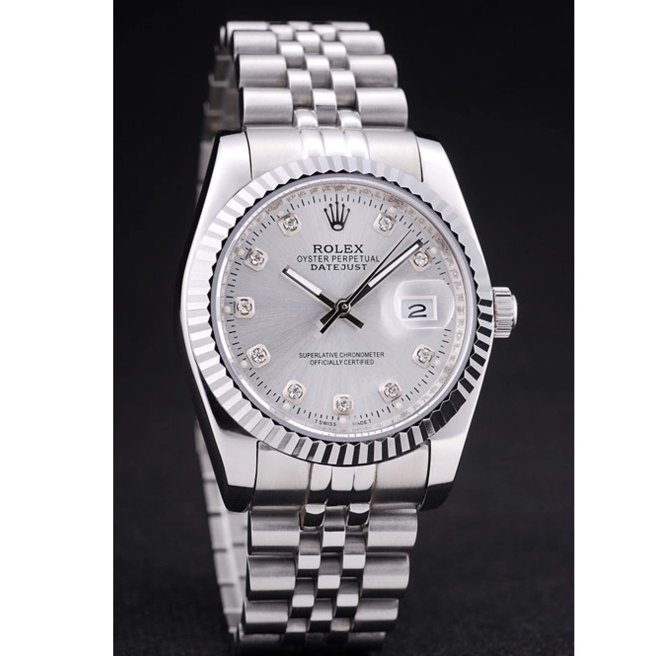 Aaa replica Rolex Datejust Diamonds Silver 7455 Ribbed Bezel Dial 0820